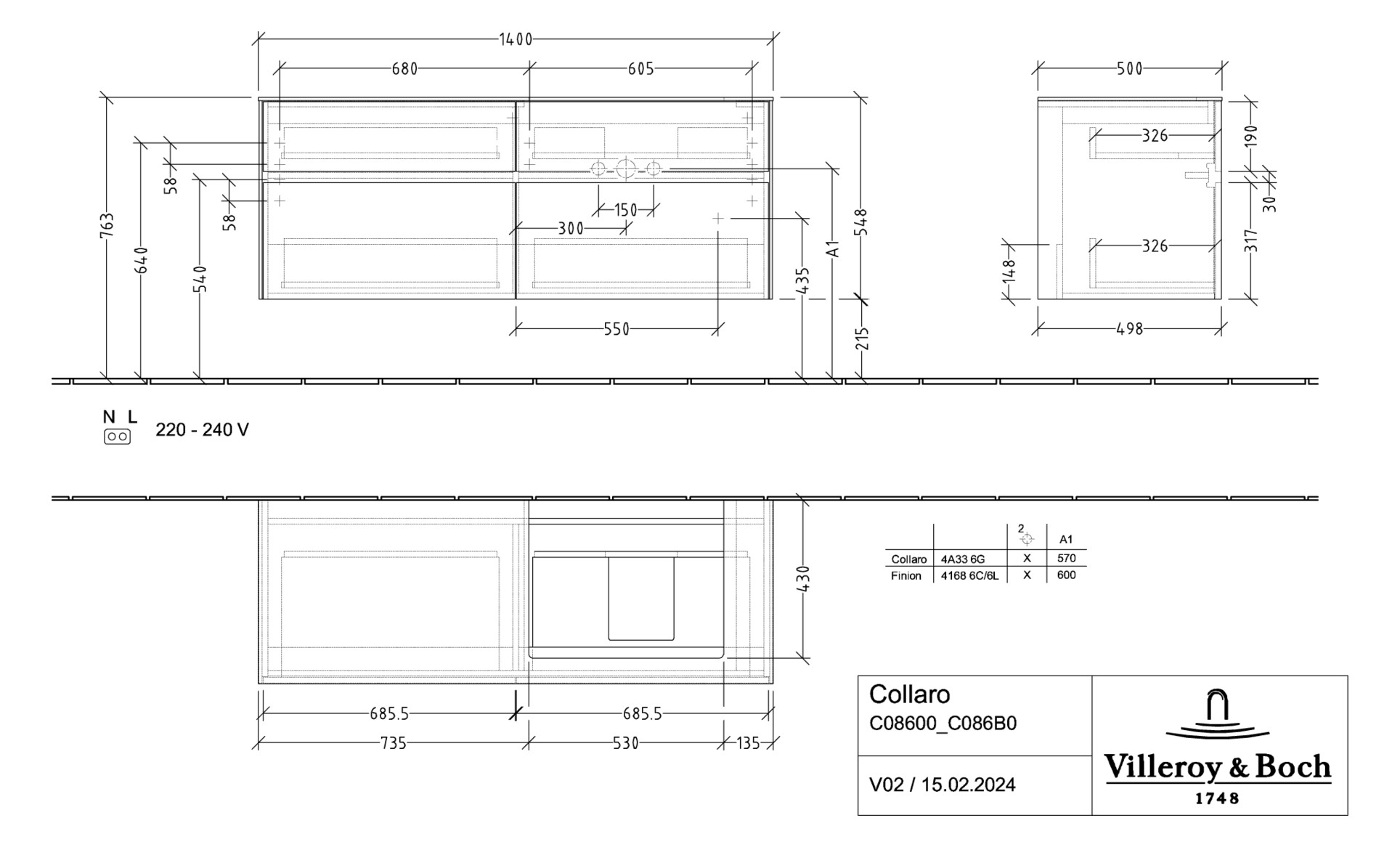 V&B Waschtischunterschrank Collaro 140x54,8x50cm, Waschtisch rechts, LED-Beleuchtung 10,4W, kansas oak