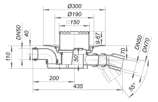 Dallmer Bodenablauf 55 KE Serie 15 DN 50/70, Zulauf DN 50, 180Grad schwenkbar