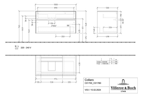 V&B Waschtischunterschrank Collaro 100x54,8x50cm, Waschtisch links, LED-Beleuchtung 7,3 W, white matt