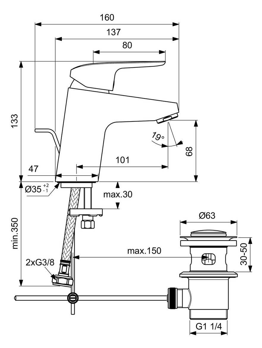 Ideal-Standard Waschtisch-Einhebelmischer CeraFlex mit Metall-Ablaufgarnitur, Ausladung 101mm, chrom