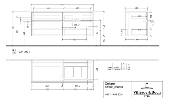 V&B Waschtischunterschrank Collaro 140x54,8x50cm, Waschtisch rechts, glossy grey