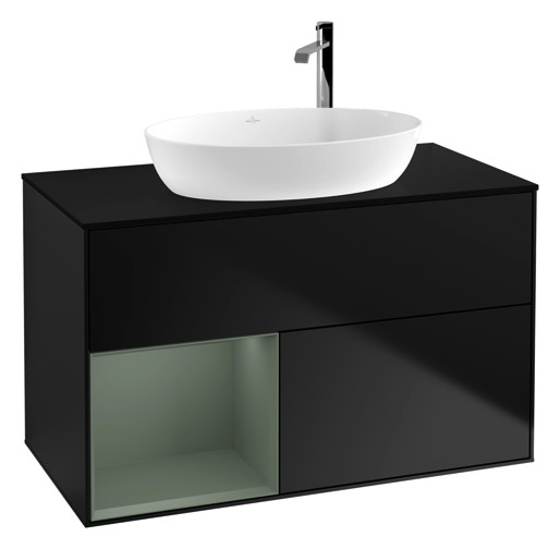 V&B Waschtisch-Unterschrank Finion 100cm, Abdeckplatte black matt, Regal Olive matt lacquer, Black matt lacquer