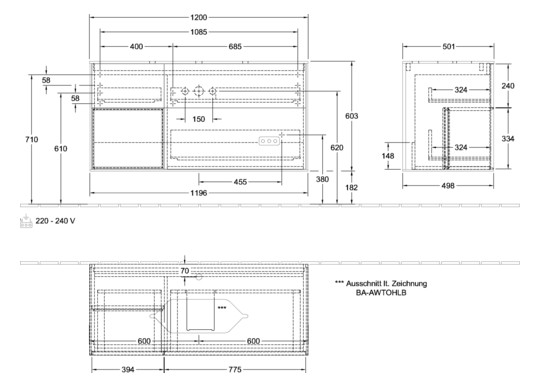 V&B Waschtisch-Unterschrank Wandbeleuchtung Finion 120cm, Abdeckplatte black matt, Regal links Glossy white lacquer, Black matt lacquer