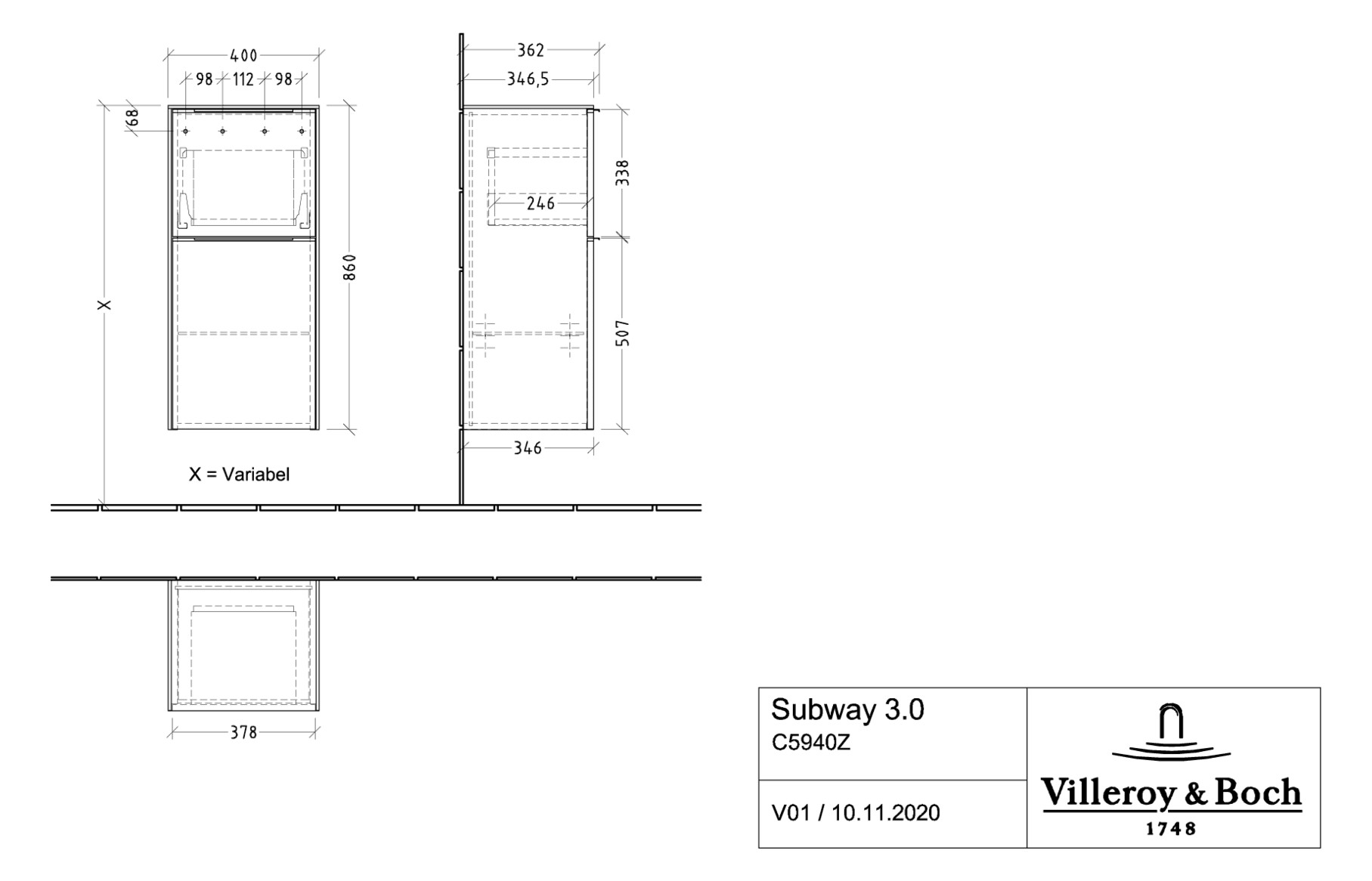 V&B Seitenschrank Subway 3.0 40x86x36,2cm, Schanier links/Griff Volcano black, brilliant white