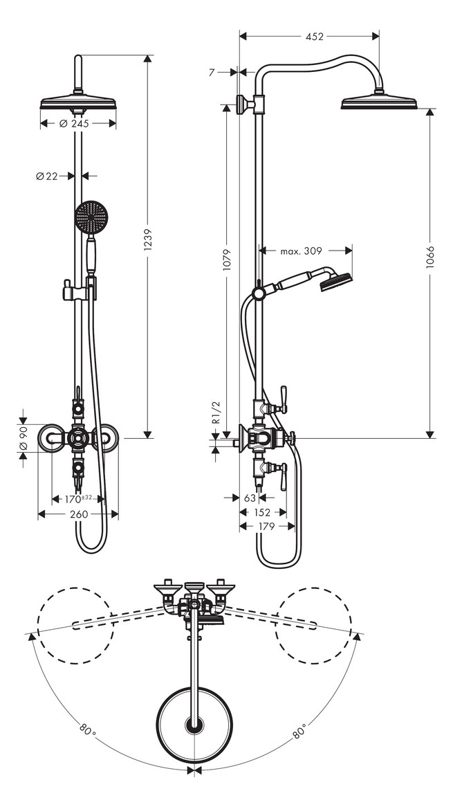hansgrohe Showerpipe Axor Montreux mit Thermostat, Kopfbrause, 240mm, 1jet, polished black chrome