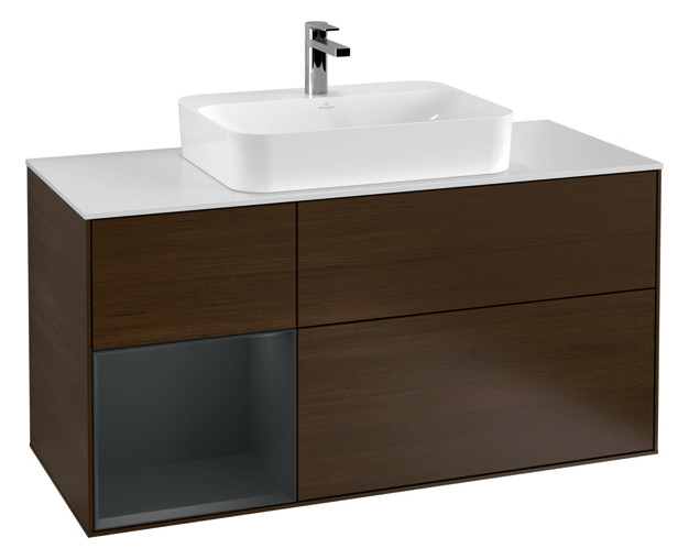 V&B Waschtisch-Unterschrank Finion 120cm, Abdeckplatte white matt, Regal links Midnight Blue Matt Lacquer, Walnut veneer