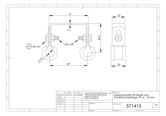 ASW Doppelschelle 15 mm, verzinkt, mit Bügel und Schallschutzeinlage