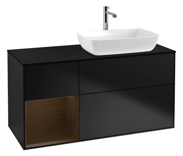 V&B Waschtisch-Unterschrank Finion 120cm, Abdeckplatte black matt, Regal Walnut Veneer, Black matt lacquer