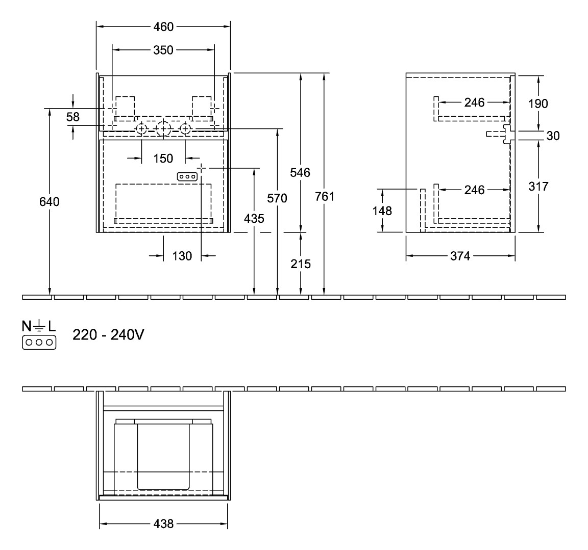 V&B Waschtischunterschrank Collaro 46x54,6x37,4cm, Waschbecken mittig, LED-Beleuchtung, soft grey
