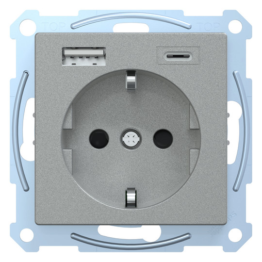 Steckdose 1f alu mt 1USB-A 1USB-C UP m.BS Mit erhöhtem Berührungsschutz IP20