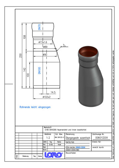 LORO X Übergangsrohr DN 70/100, exzentrische Reduzierstücke, Form 1