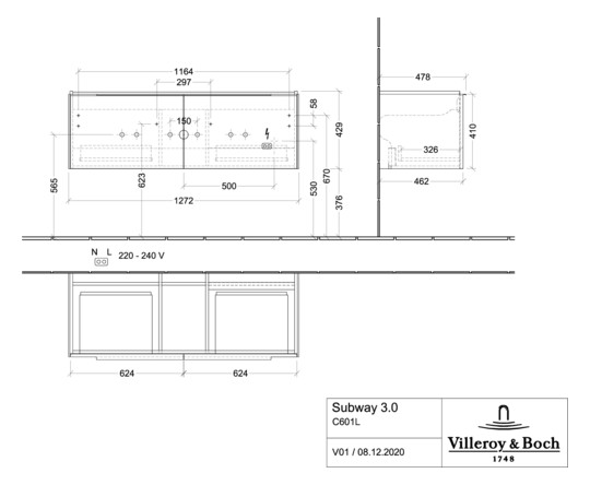 V&B Waschtisch-Unterschrank Subway 3.0 127,2x42,9x47,8cm, mit LED/Griff Volcano black, arizona oak
