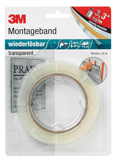 3M-Montageband, wiederlösbar, transparent - 19mm x 5m