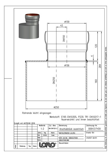 LORO X Anschlussstück DN 150 an KA-Muffe DN 250, exzentrisch Form 2