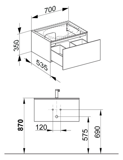 KEUCO Waschtischunterschrank Edition 11 Planning 70x35x53,5cm, 1 Frontauszug, Lack Seidenmatt, Glas Schwarz