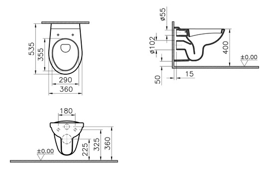 VitrA Bad Wand-Tiefspül-WC Norm Options 36x54, 3/6 l, mit offenen Spülrand, weiß hochglanz