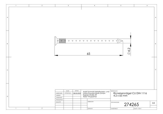 ASW Rinneisennagel 4.2 x 65 mm, Kupfer
