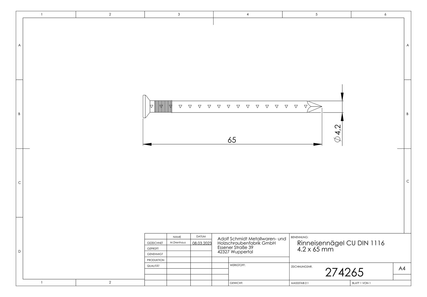 ASW Rinneisennagel 4.2 x 65 mm, Kupfer