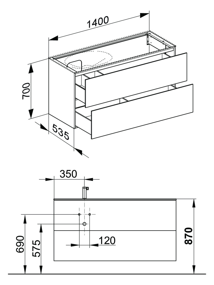 KEUCO Waschtischunterschrank Edition 11 Planning 140x70x53,5cm, 2 Frontauszüge, links, Lack Seidenmatt, Glas Weiß