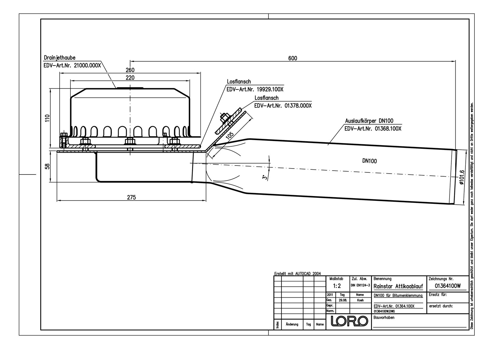 LORO Attika Ablauf Rainstar Serie 89 Klemmflansch 45°, für Bitumen-Dachabdichtungsbahnen, DN 100, Druckströmung