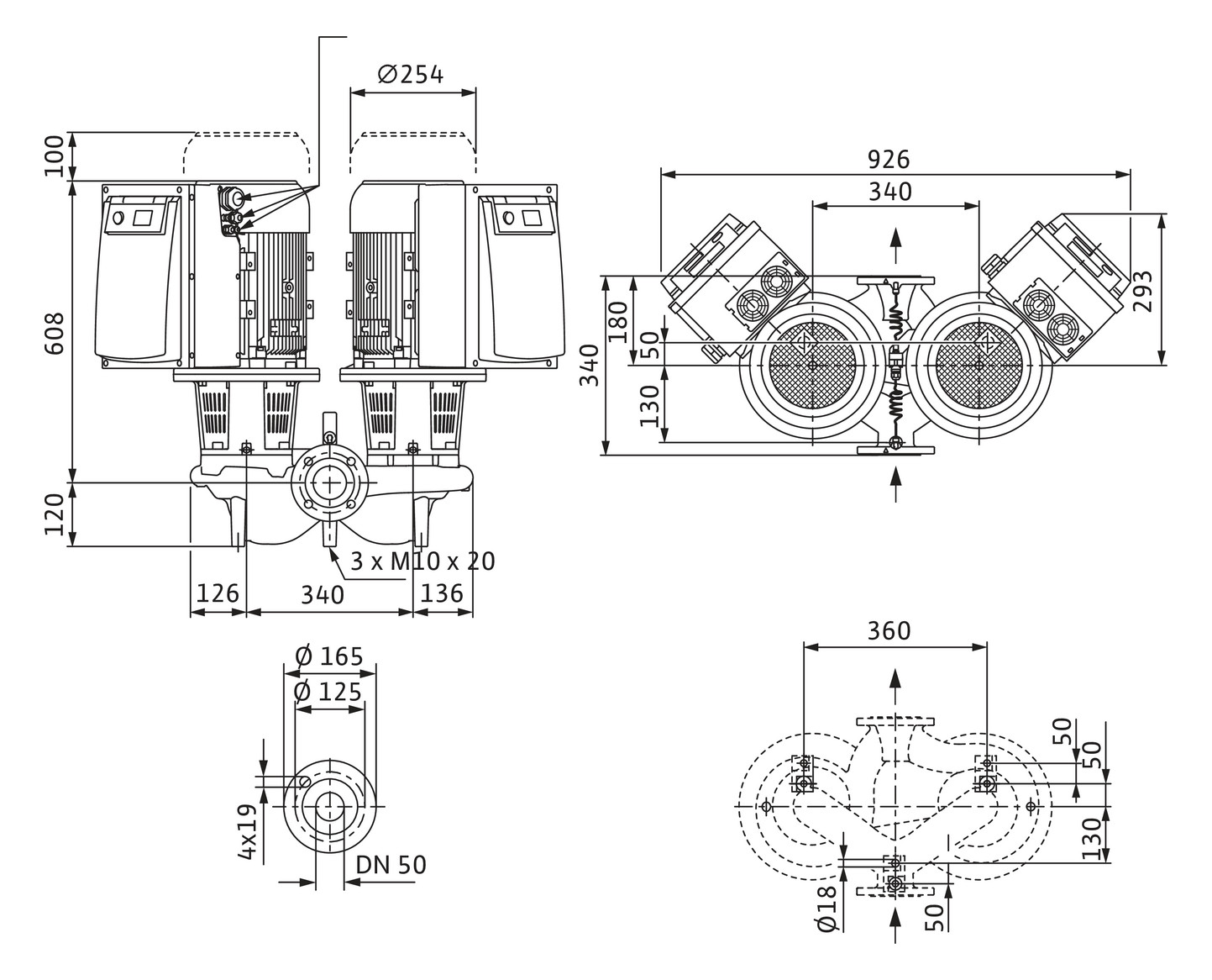 Wilo Trockenläufer-Energiesparpumpe CronoTwin DL-E 50/170-7,5/2, 7,5 kW, mit Differenzdruckgeber