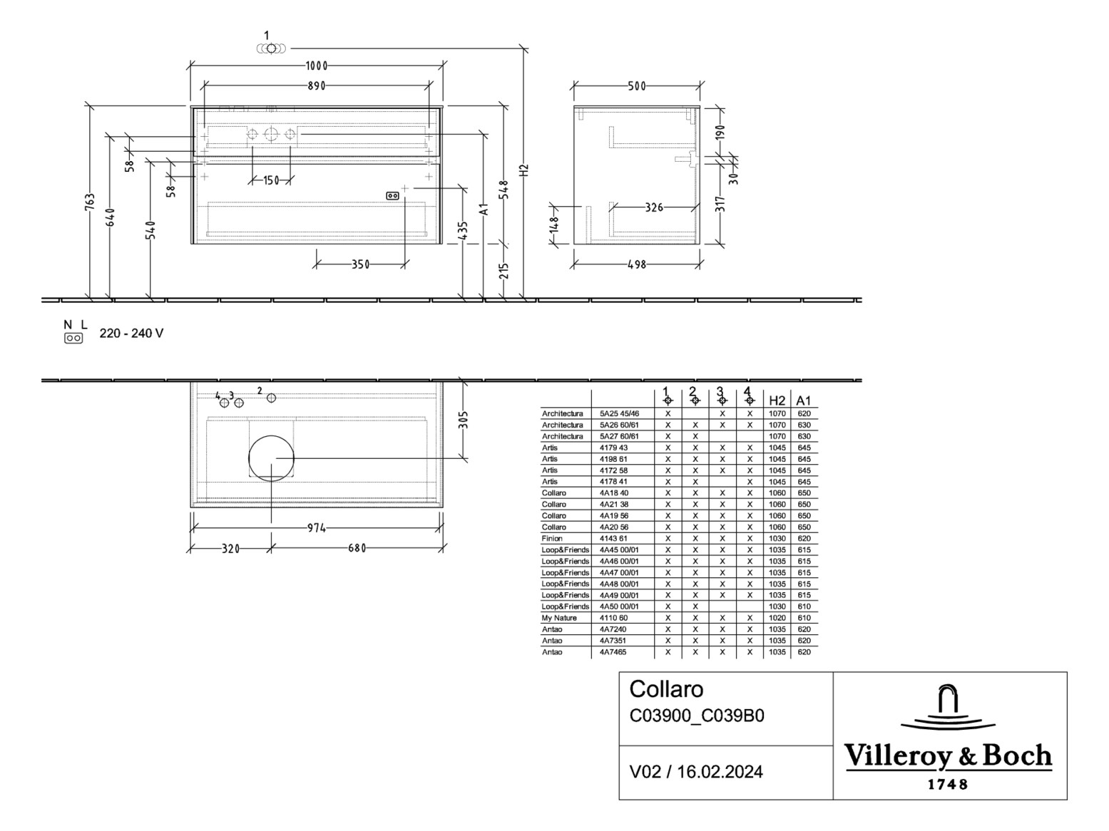 V&B Waschtischunterschrank Collaro 100x54,8x50cm, Waschtisch links, LED-Beleuchtung 7,3 W, black matt laquer