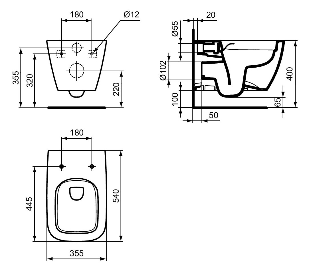 Ideal-Standard Wand-Tiefspül-WC i.life B 35,5x54x33,5cm, ohne Spülrand, weiß