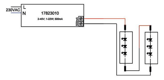 LED-Trafo 1-22W 500mA 44V IP20 Kstgeh stat 146,5x43,5x30mm