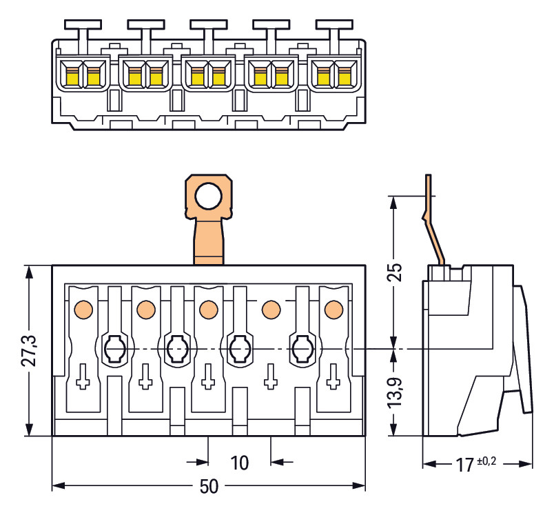 Klemmleiste 5p ws Serie 294 24A Thermopl 0,5-2,5qmm 50mm Federzugans Steckklemm