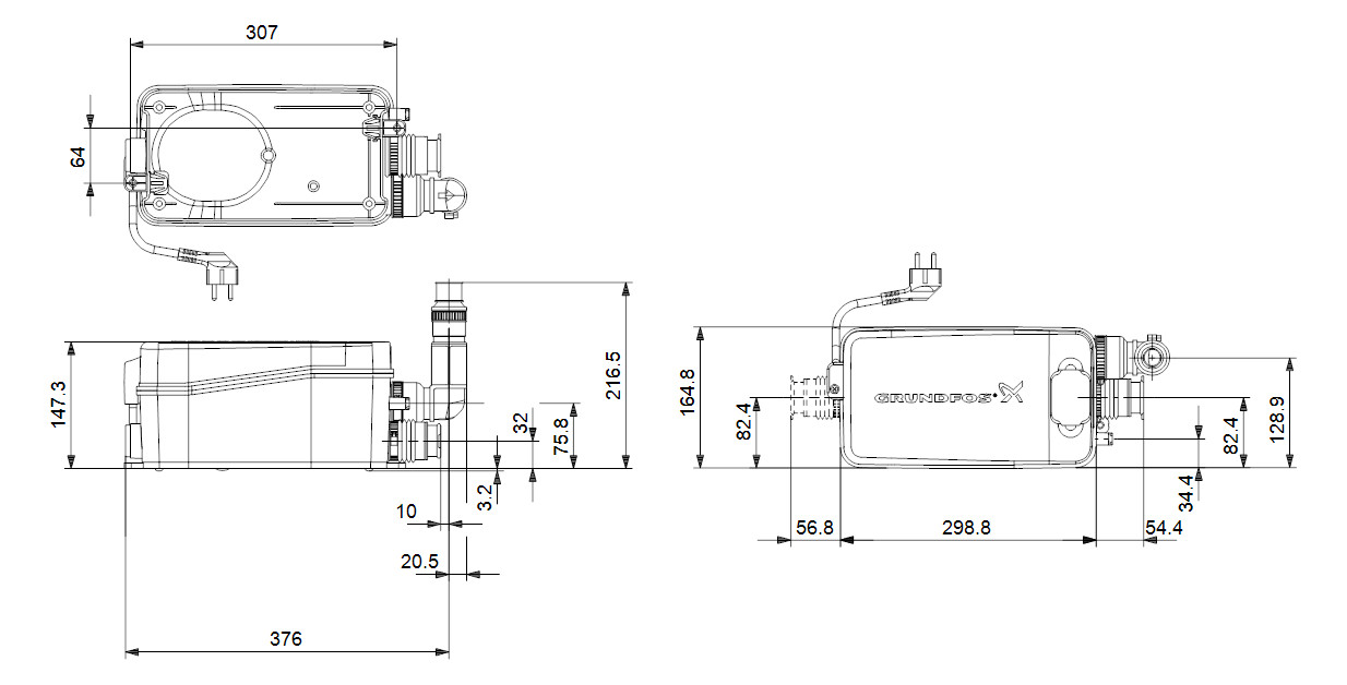 Grundfos Kleinhebeanlage Sololift2 D-2 280 W, 1,3 A, 220-240 V