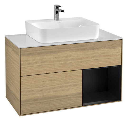 V&B Waschtisch-Unterschrank Wandbeleuchtung Finion 100cm, Abdeckplatte white matt, Regal rechts Black matt lacquer, Oak Veneer
