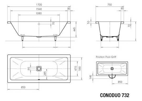 Kaldewei Badewanne CONODUO 732 170x75cm, Griffloch, weiß