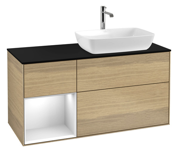 V&B Waschtisch-Unterschrank Finion 120cm, Abdeckplatte black matt, Regal Glossy white lacquer, Oak Veneer