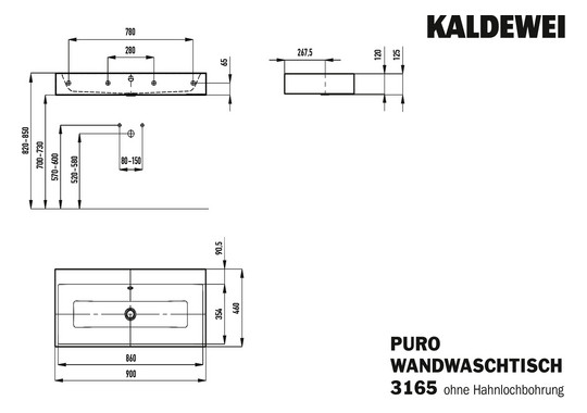 Kaldewei Wand-Waschtisch PURO 3165, 90 x 46 cm, warm grey 60 Perl-Effekt, mit Überlauf, ohne Hahnloch