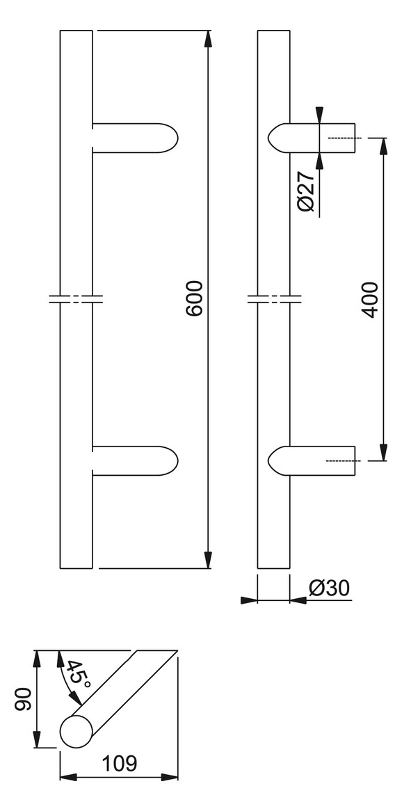Bild HOPPE Stoßgriff E5012, BA 400mm, Breite 109mm, L 600mm, Durchmesser 30mm, verdeckt verschraubt, schwarz matt-1