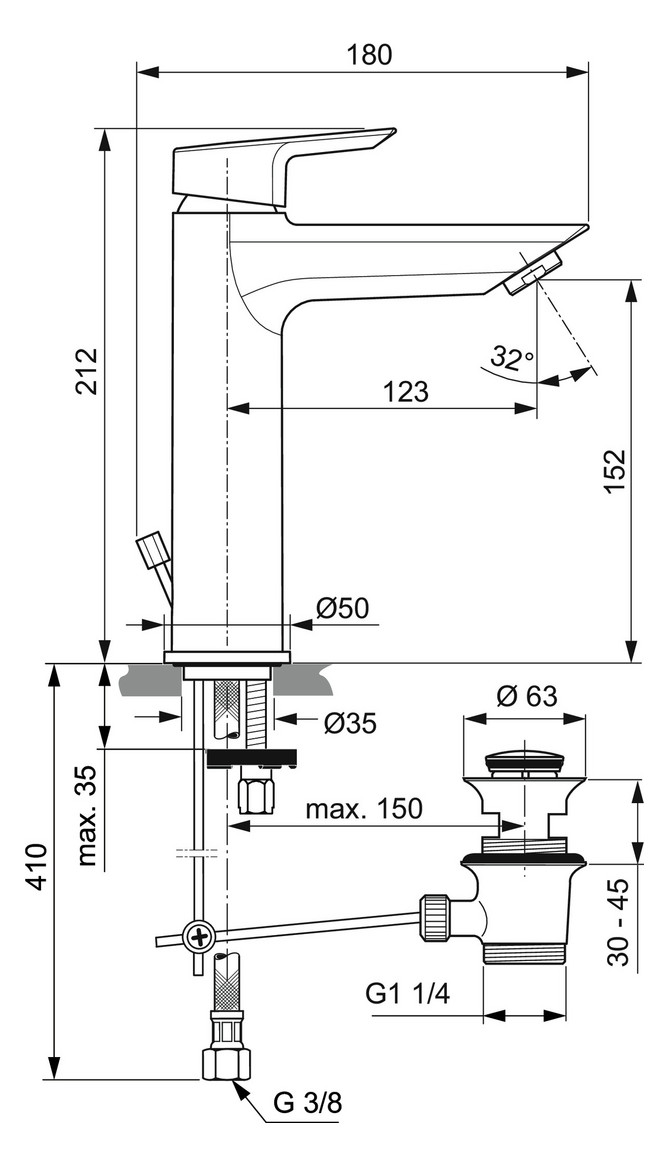 Ideal-Standard Waschtisch-Einhebelmischer Tesi Grande Ausladung 123mm, verchromt, mit Metall-Ablaufgarnitur