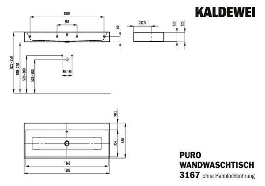 Kaldewei Wand-Waschtisch PURO 3167, 120 x 46 cm, cool grey 30 Perl-Effekt, mit Überlauf, ohne Hahnloch