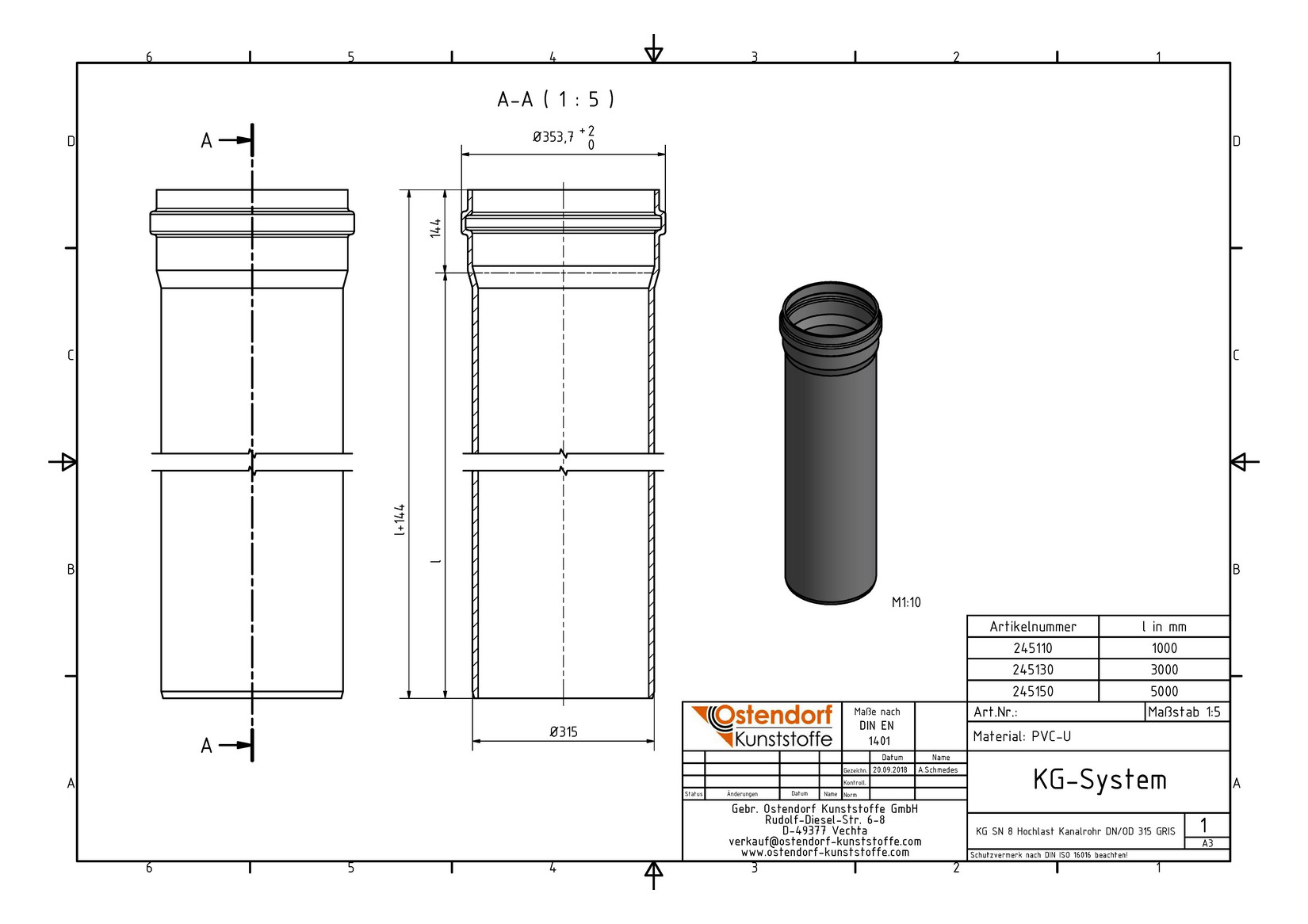 Ostendorf KG Rohr SN 8 EM DN/OD 315, 1000 mm, mit Steckmuffe/Lippendichtung