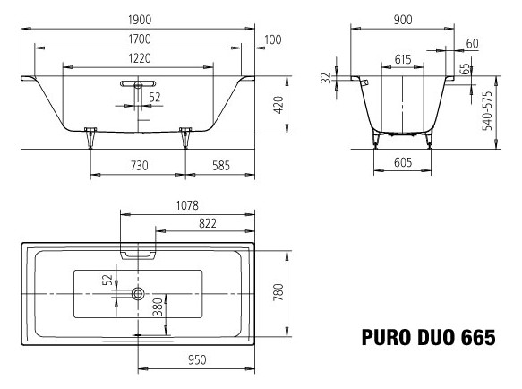 Kaldewei Badewanne PURO DUO 665 190x90cm, Überlauf mittig, Vollantislip Perl-Effekt, manhattan