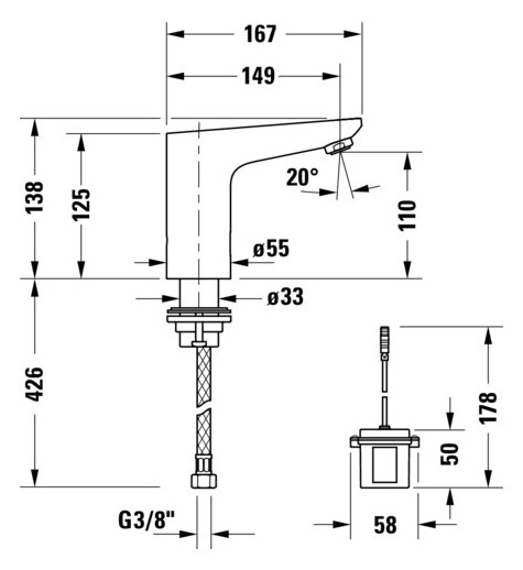 Duravit Infrarot-Waschtisch-Armatur Sensor 1 Batterie, Ausladung 122mm, Temperaturregulierung, chrom