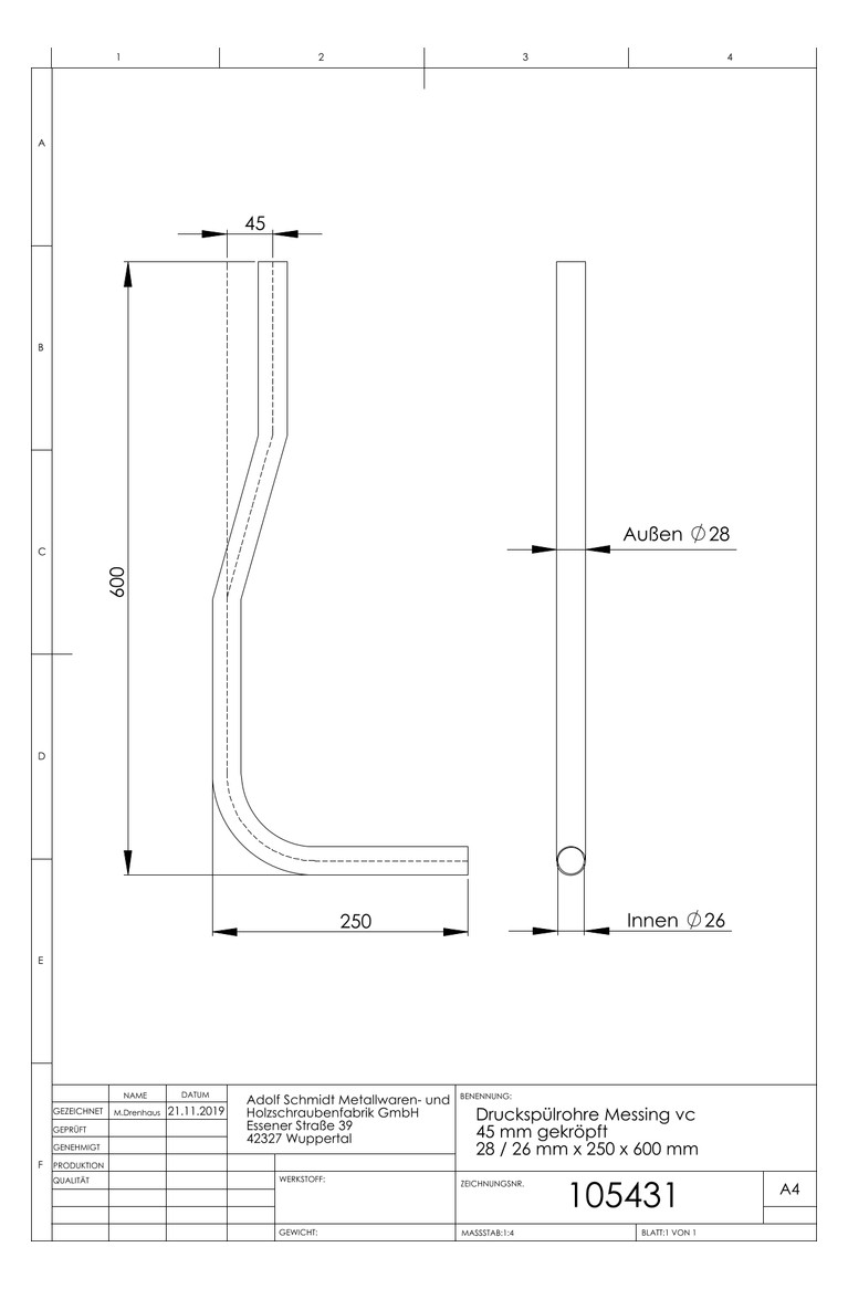 ASW Druckspülrohr 28/26x250x600mm, DN 20, Messing verchromt, 45mm gekröpft