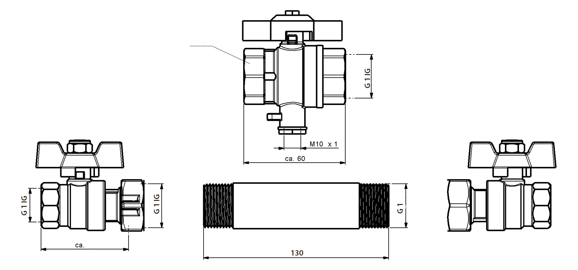 Deltamess Einbausatz G 1 (G 1) x 130 mm, mit 2 Kugelhahnverschraubungen