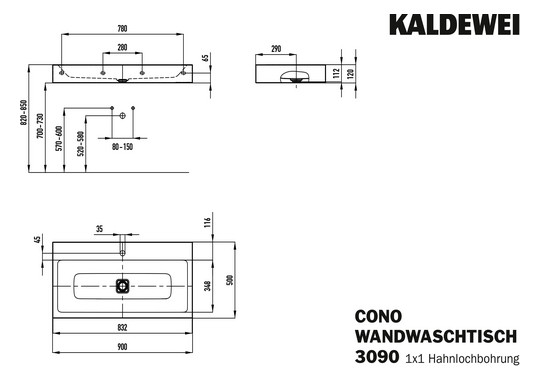Kaldewei Wand-Waschtisch CONO 3090, 90 x 50 x 12 cm, warm beige 20, ohne Überlauf, 1 Hahnloch