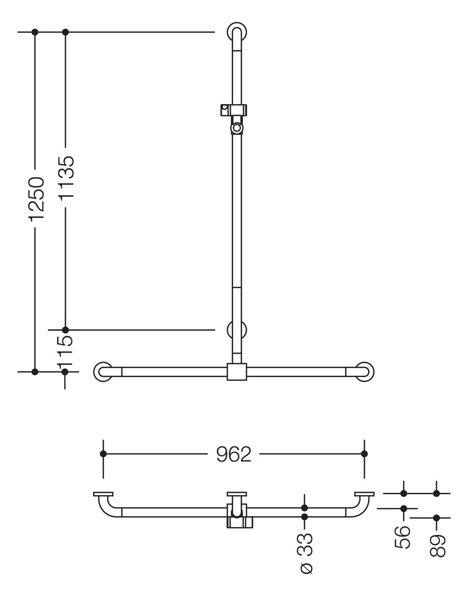 HEWI Duschhandlauf 801 962 x 1250 mm, stahlblau, mit verschiebbarer Brausehalterstange