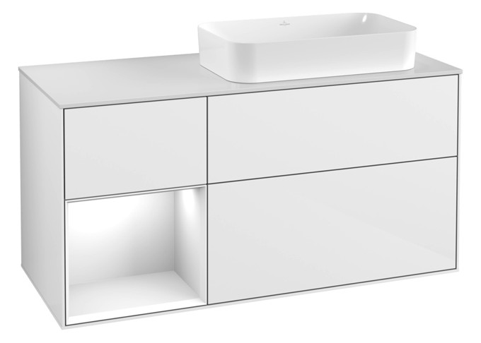 V&B Waschtisch-Unterschrank Finion 120x60,3x50,1cm, Regal links Glossy white lacquer, Glossy white lacquer