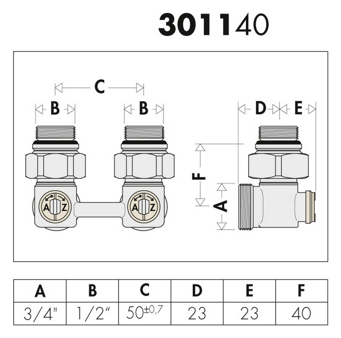 Caleffi Zweirohr-Hahnblock Heizkörperanschluss 1/2" AG, Anschluss Klemmverschraubung 3/4", Eckform