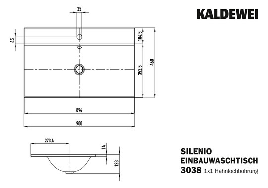 Kaldewei Einbau-Waschtisch SILENIO 3038, 90 x 46 cm, cool grey 90 Perl-Effekt, ohne Überlauf, 1 Hahnloch