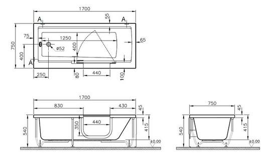 VitrA Bad Badewanne Conforma Combo 170 x 75 cm, rechteckig mit Einstieg rechts, mit Hydromassagesystem, weiß
