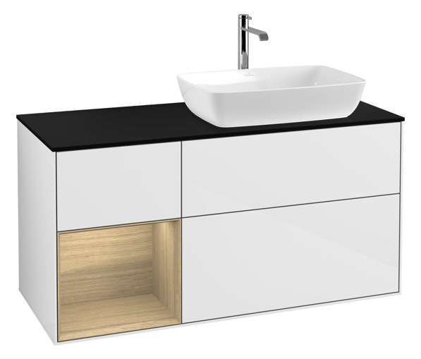 V&B Waschtisch-Unterschrank Finion 120cm, Abdeckplatte black matt, Regal Oak Veneer, Glossy white lacquer