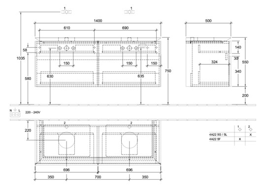 V&B Waschtischunterschrank Legato 140x55x50cm, für 2 Waschtische, mit LED-Beleuchtung, Stone Oak